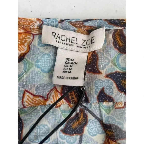 NWT Rachel Zoe Blue Floral Wrap Top Size M Lotus Gold Thread 0159 - Picture 8 of 10